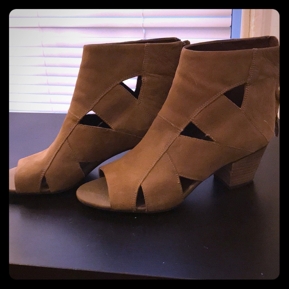 Brown suede 2” Franco Sarto peep-tow ankle boots